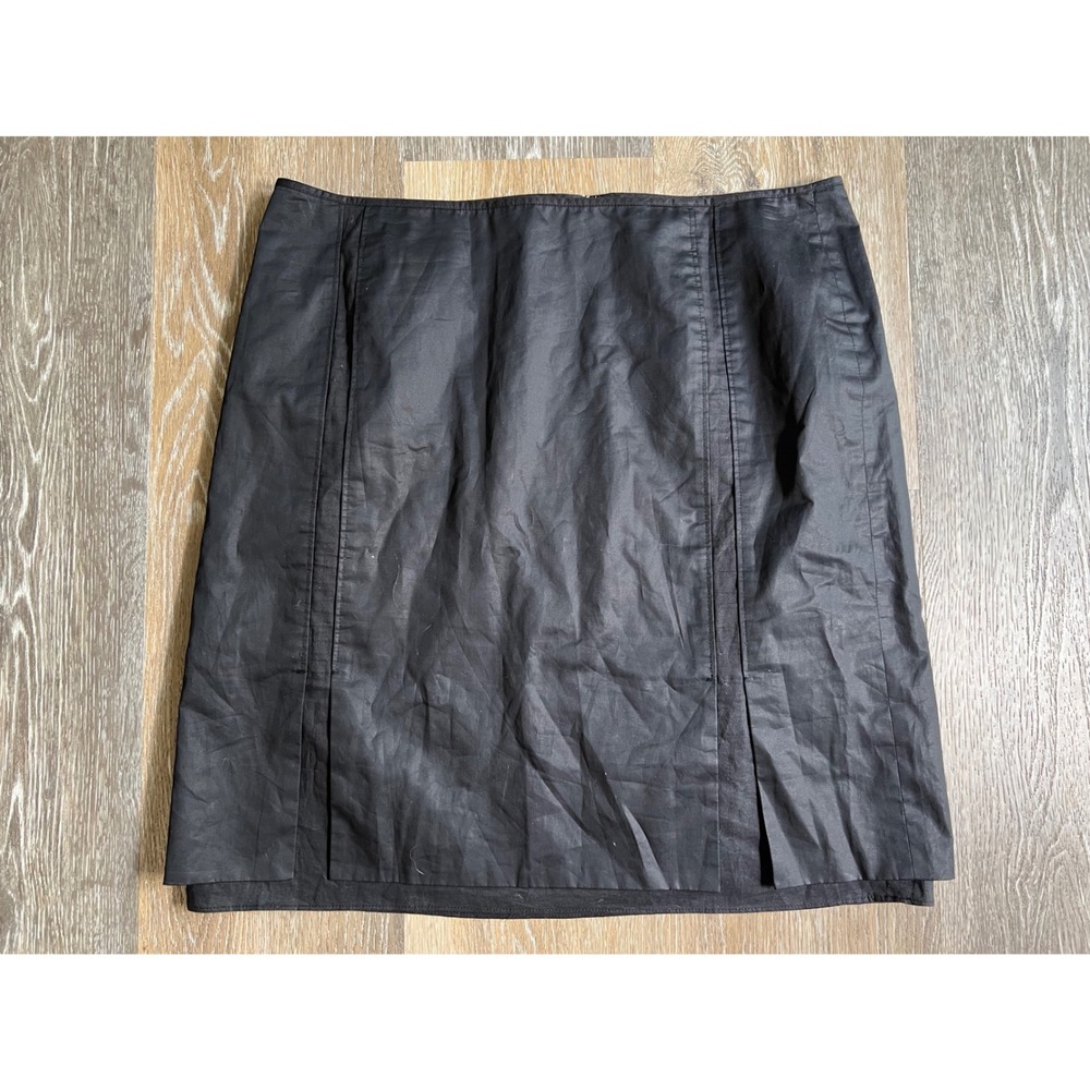 Ann Taylor Mini Skirt Women 10P Black Coated Front Slits Exposed Back Zip 2850